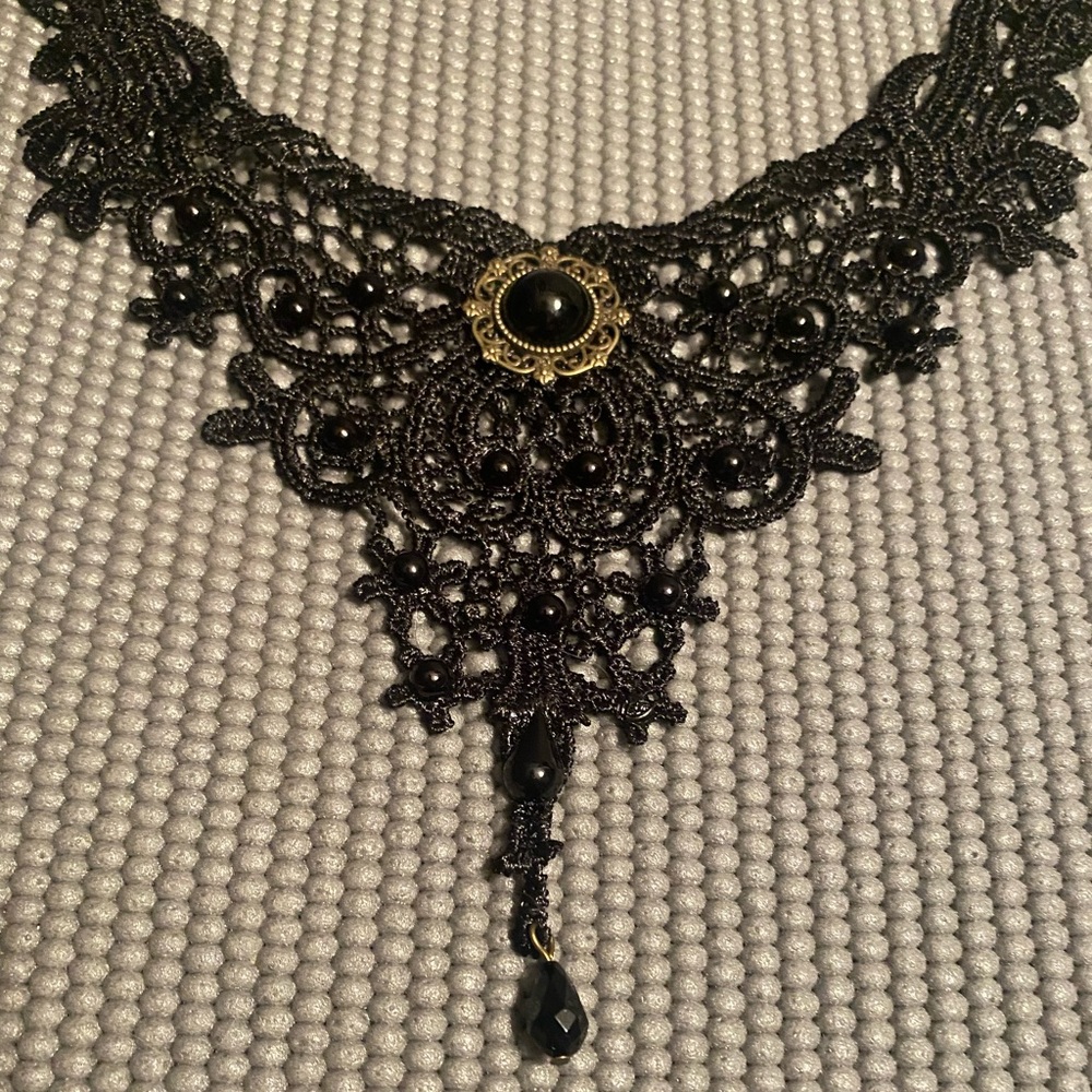 Black Lace Choker With Black & Goldtone Beads